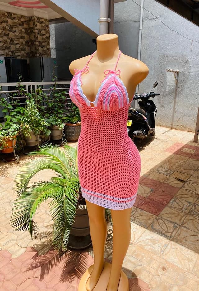 Pink and white crochet swimsuit