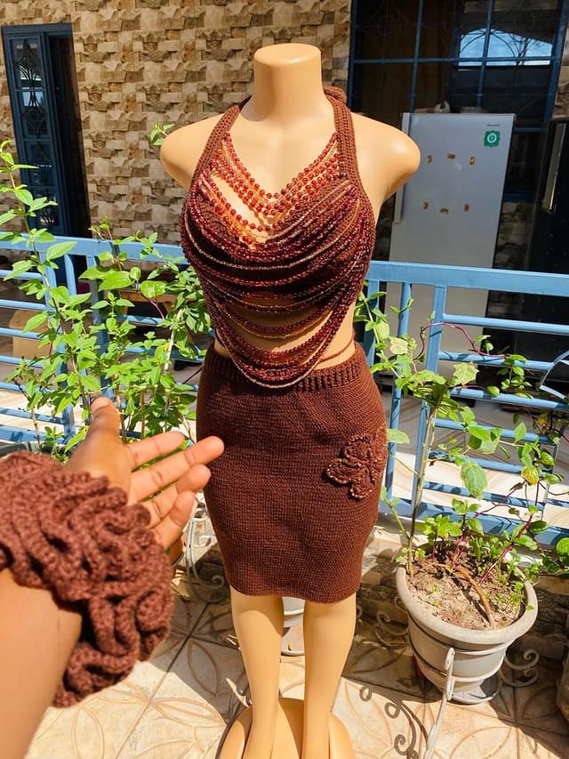 Brown crochet beaded halter and skirt set