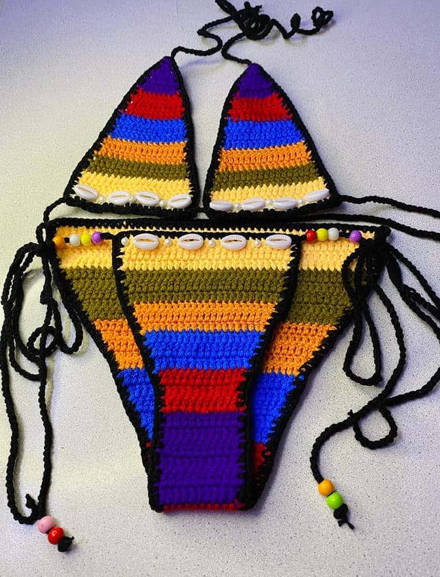Multicolor striped crochet bikini with cowrie shells